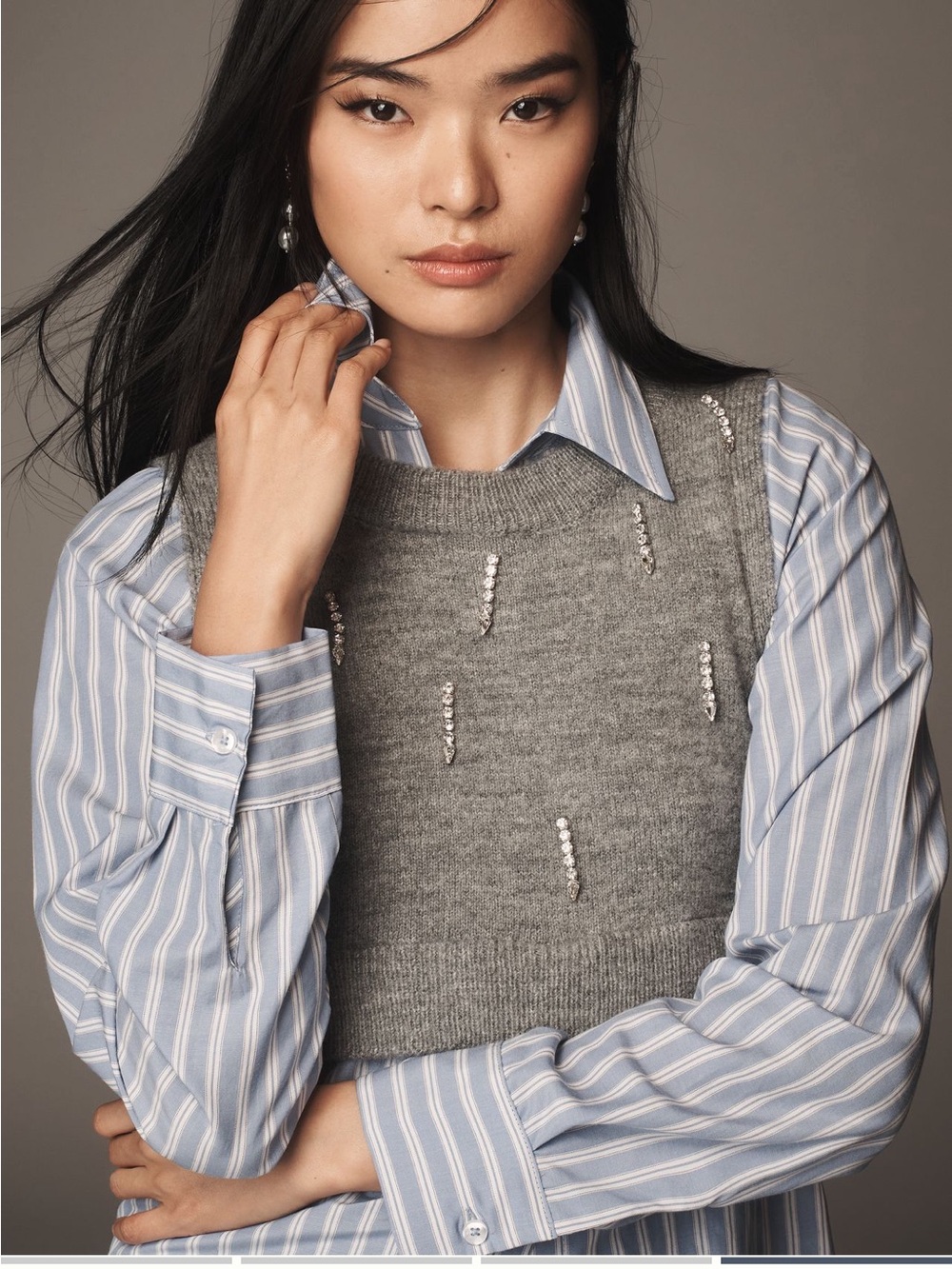 Maeve Embellished Gray Knit Vest Sweater twofer